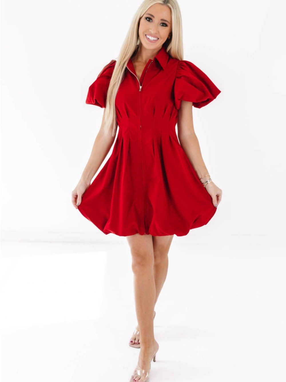 Classic Red Puff-Sleeve Mini Dress with Zip Front - Picture 3 of 5